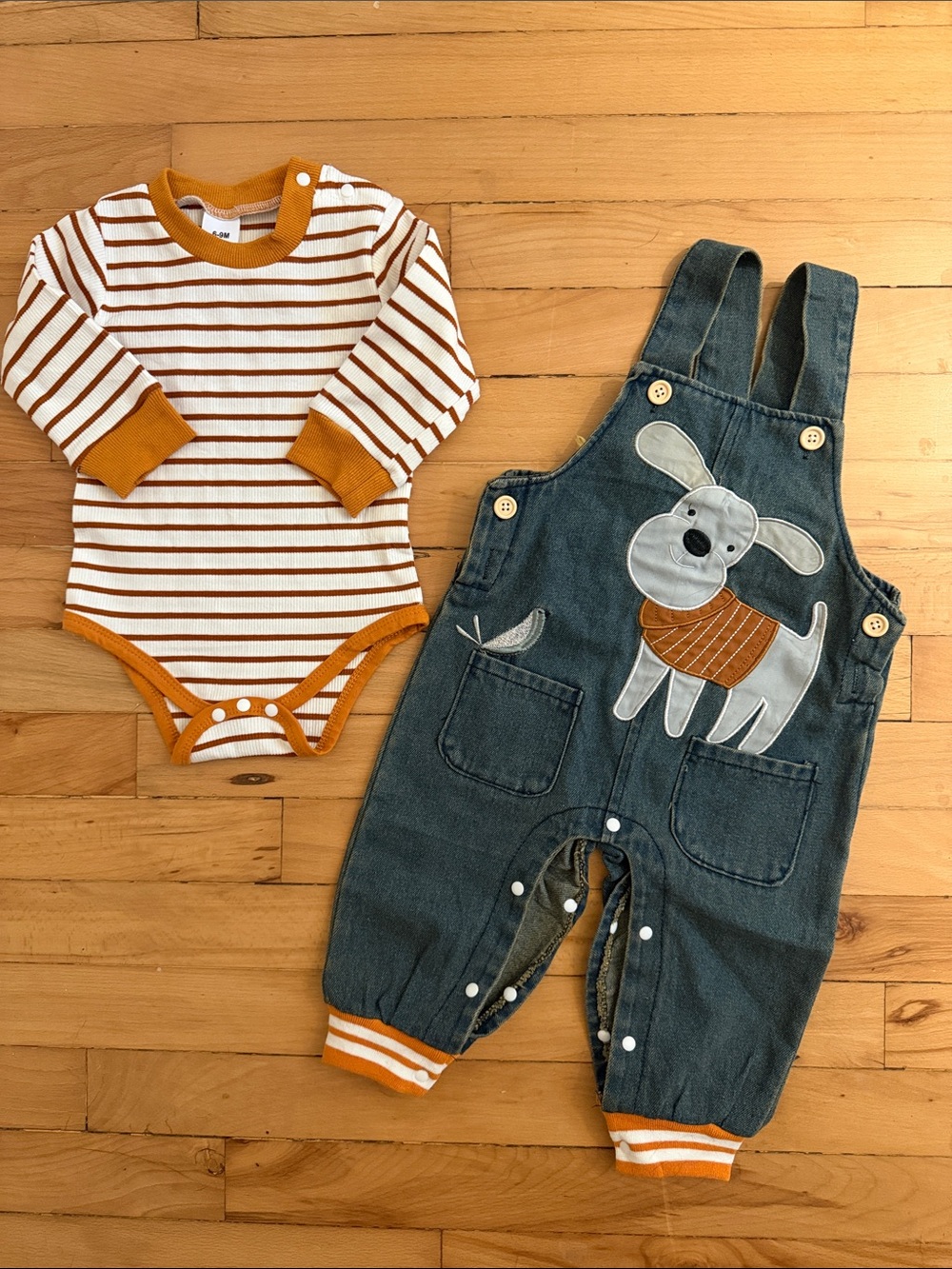 Unbranded Kids Rust-Trim Striped Bodysuit & Denim Dog Overalls Set